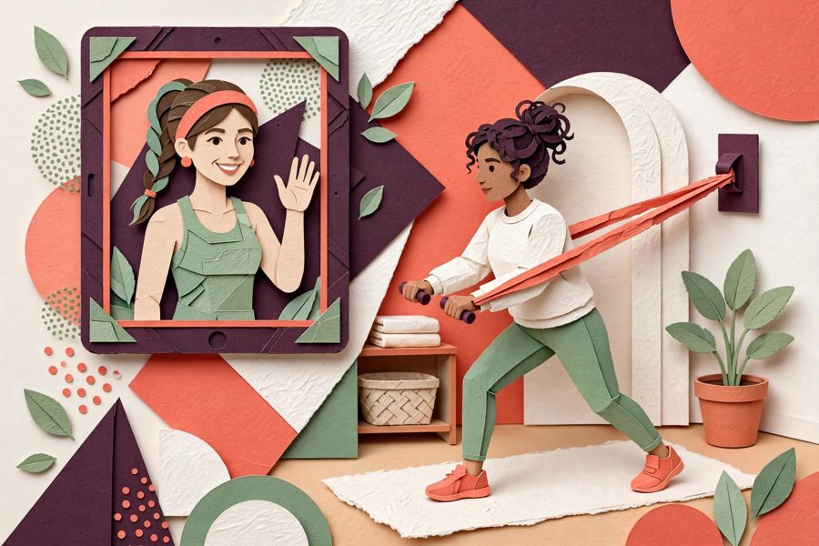 Cut-paper illustration of a trainer coaching a client online during a home workout